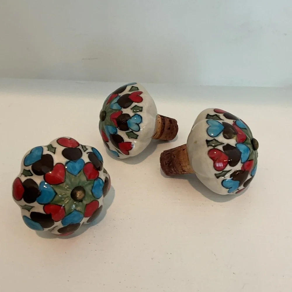 Ceramic Glazed Hearts Cork Wine Bottle Stopper Lot of 3